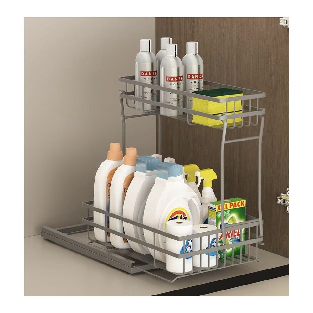 Shelf Under Sink Organizer, 2-Tier Pull Out Storage for Kitchen & Bath, Gray